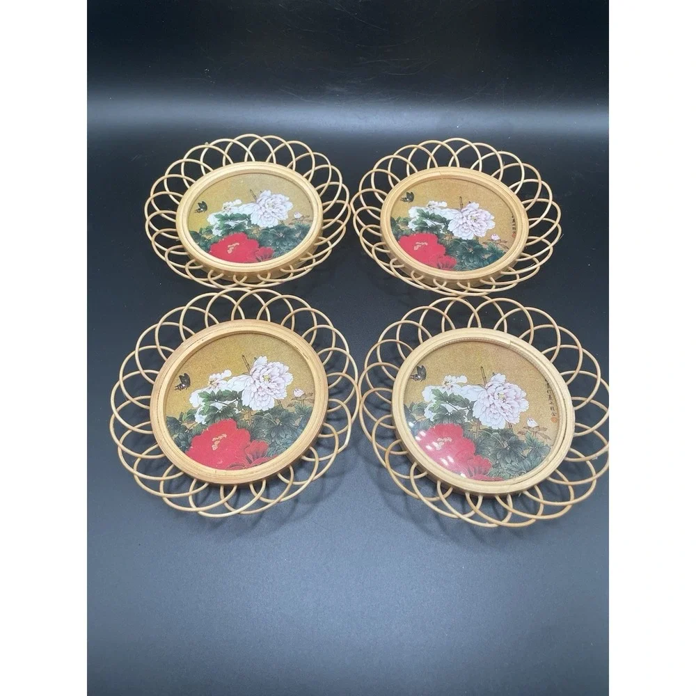 Vintage 80s Wicker Wooden Coasters With Floral And Butterfly Pattern Set Of Four
